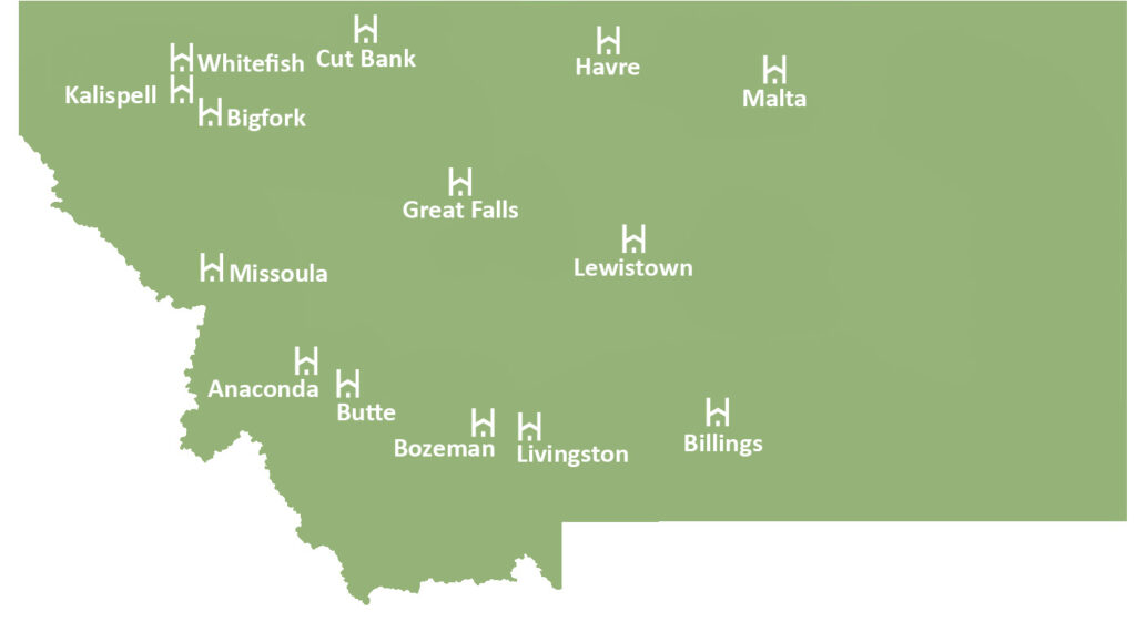 Map showing the locations of Homeword properties throughout the state