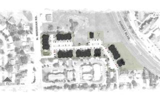 Overhead view of Junegrass building configuration and arterial roads , with N. Meridian Rd. to the west and Sunset Blvd. to the east.