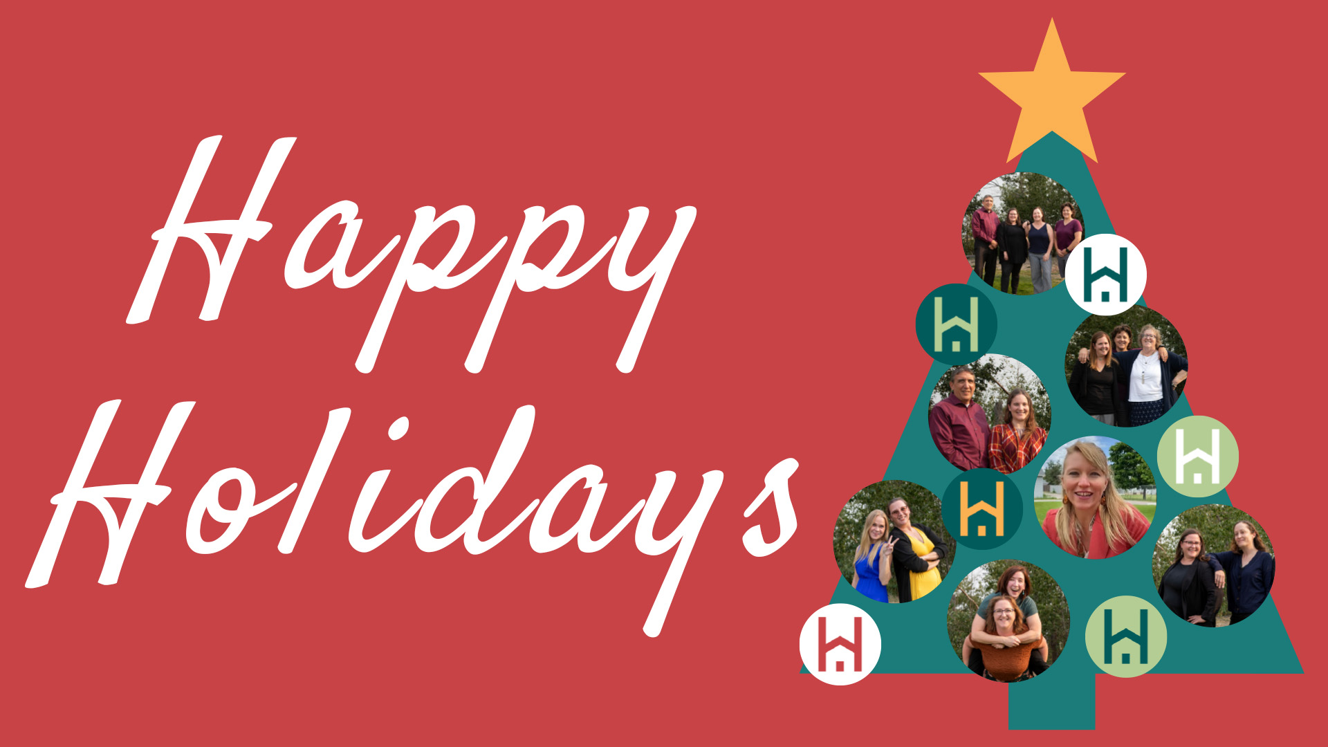 Happy Holidays text with images of Homeword staff, logo and a Christmas tree