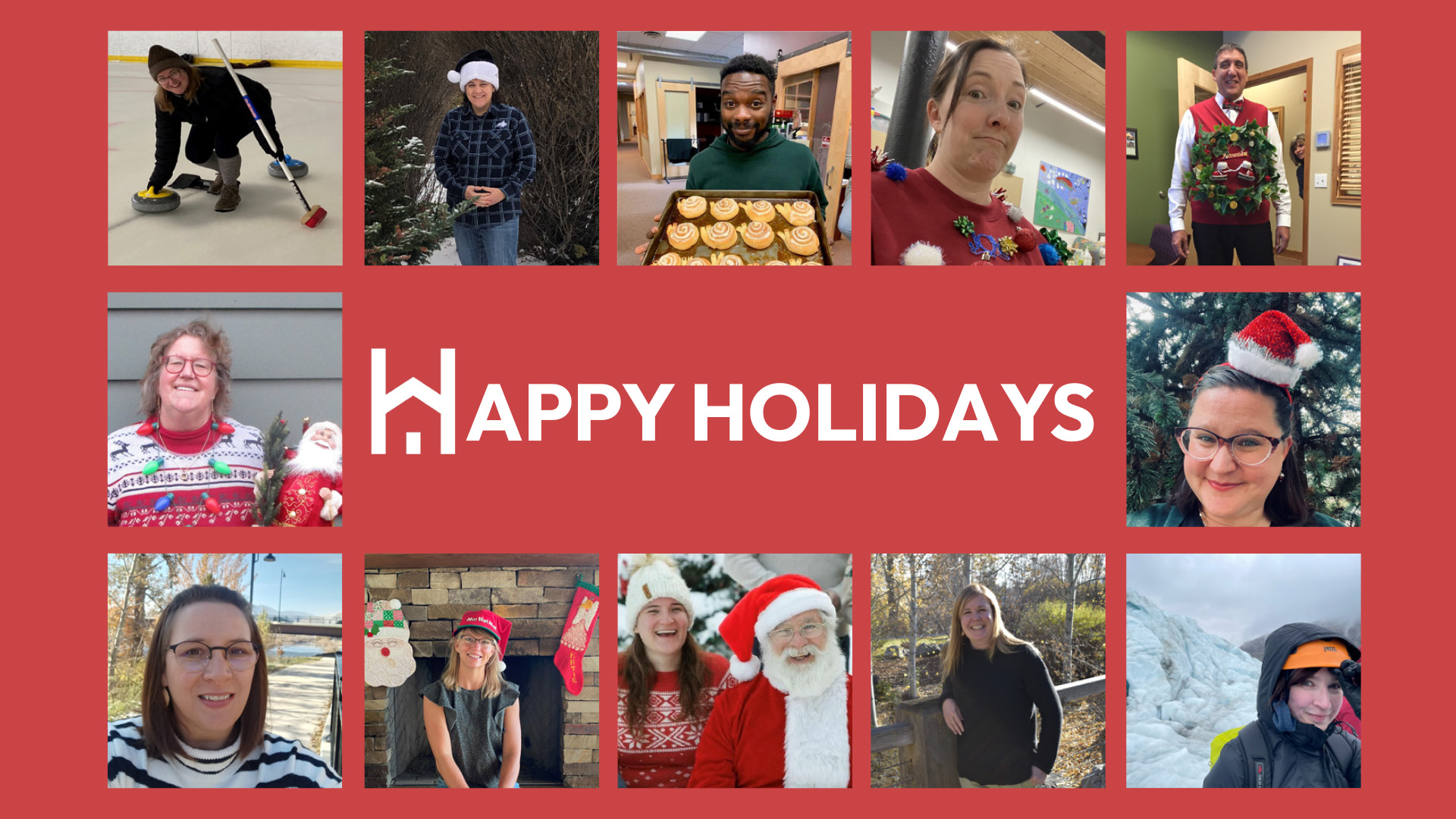 Happy holidays from Homeword staff in festive holiday attire