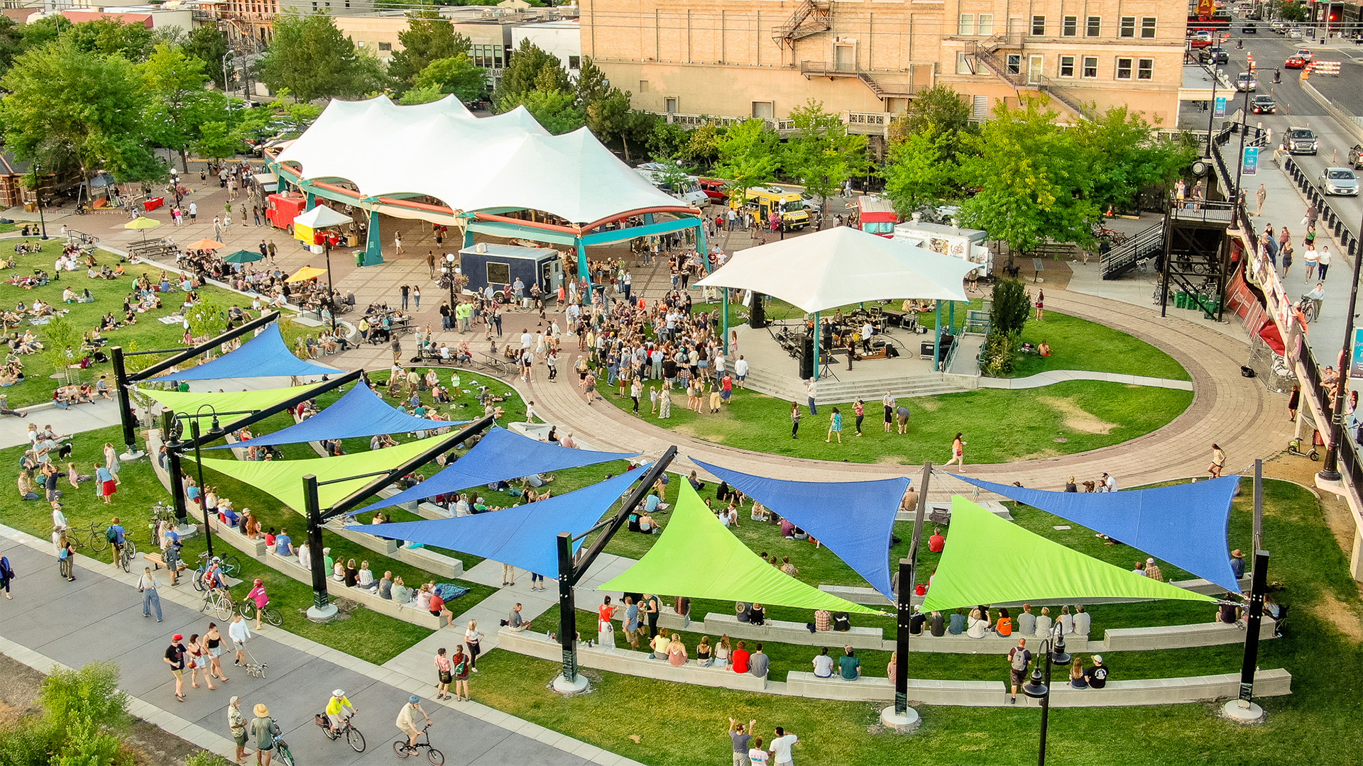 Aerial view of Caras Park during an Out to Lunch event